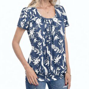 DJT FASHION (M) Blue White Bird Floral Print Pleated Tee Scoop Blouson Loose Top